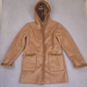 St Johns Bay‎ Coat Womens Medium Brown Eskimo Toggle Faux Suede Fur Trim Hood